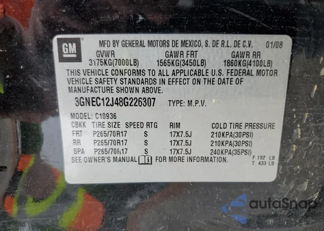 2008 Chevrolet Avalanche C1500 z USA, uszkodzony, nr VIN 3GNEC12J48G226307